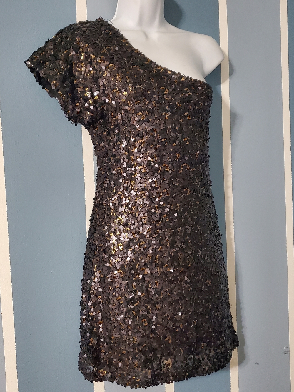 One-Shoulder Sequin Cocktail Dress - Black with Gold Accents